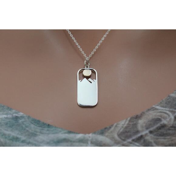 Sterling Silver Rectangle Pine Tree with Bronze Sun Necklace - Picture 4 of 8